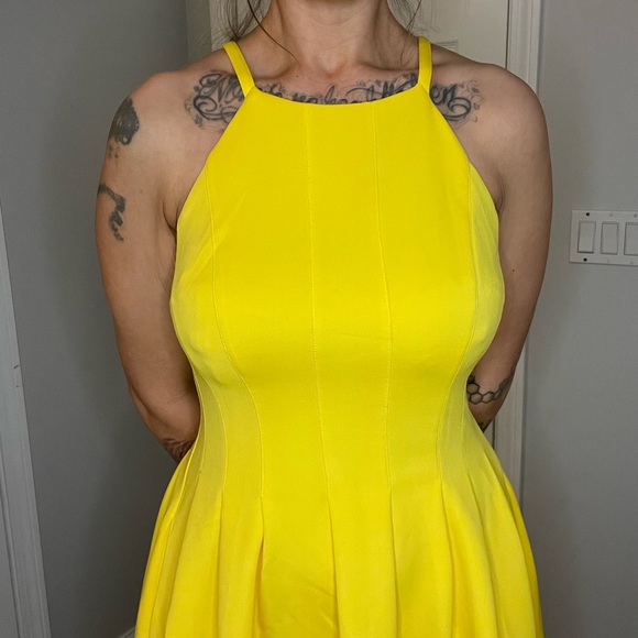 Calvin Klein Yellow Pleated Skater Dress with High Neckline - Picture 9 of 14